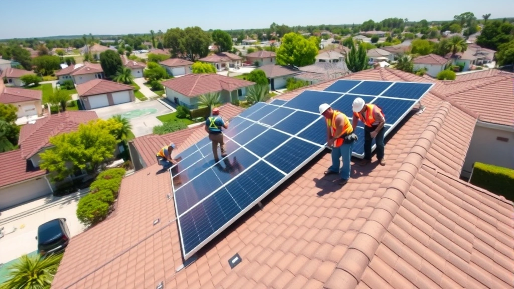 Solar panel installation crew on residential rooftop in suburban area, multiple workers with safety equipment, bright sunlight, realistic photography, no text or labels