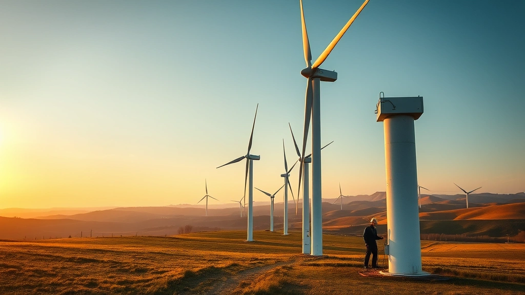 Modern wind turbine field in rolling landscape with technician conducting maintenance work visible in distance, golden hour lighting, photorealistic, no charts or overlays
