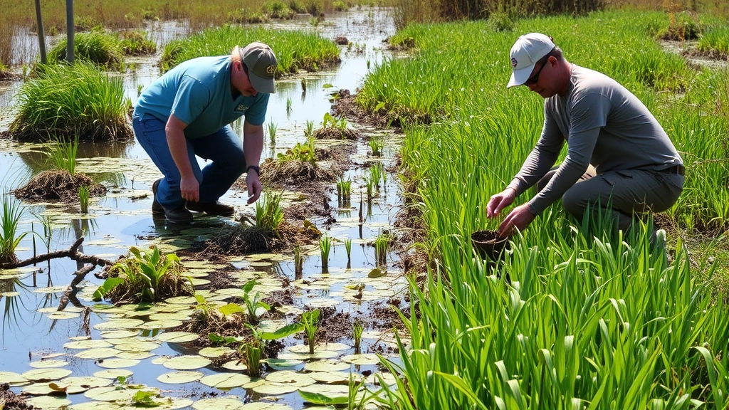 Wetland restoration project showing workers planting native vegetation in restored marsh ecosystem, water and green growth visible, natural lighting, documentary-style realism, no signage