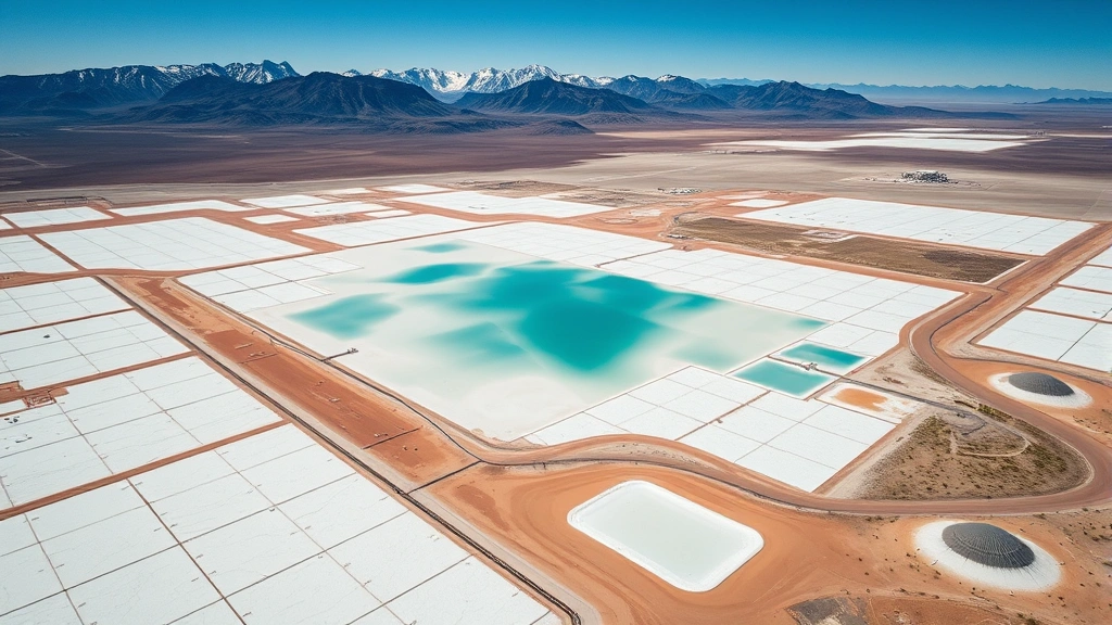 Aerial view of lithium salt evaporation ponds in Atacama Desert with pristine mountain peaks, showing geometric white crystalline patterns reflecting sunlight against turquoise brine pools and parched earth