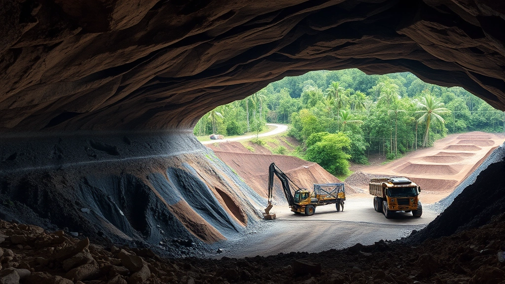 Underground nickel mining operation in tropical rainforest region with exposed ore faces, heavy machinery, and cleared forest backdrop showing deforestation extent and environmental transformation
