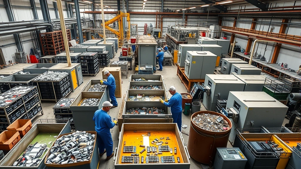 Battery recycling facility with workers handling lithium-ion cells, acid baths, and metal extraction equipment surrounded by organized material streams and industrial processing infrastructure