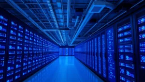 Expansive data center facility with rows of server racks glowing with blue indicator lights, cooling systems visible, industrial scale infrastructure demonstrating computational power and energy consumption requirements