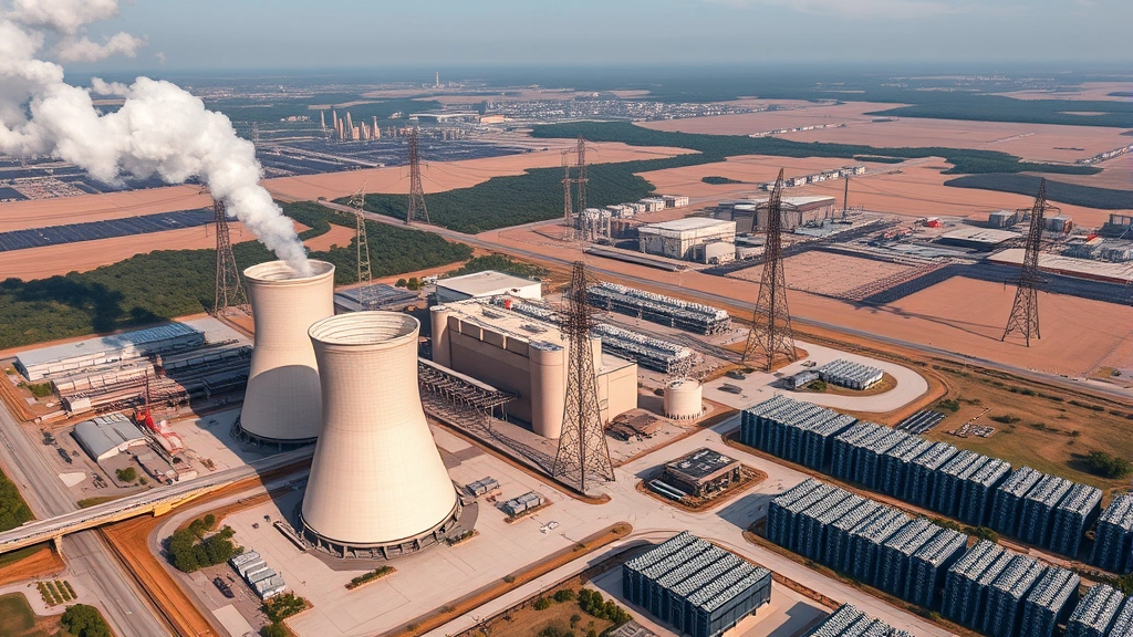 Aerial view of sprawling power plant with cooling towers and transmission lines connecting to data center complex, showing infrastructure intersection between energy generation and AI computational demands