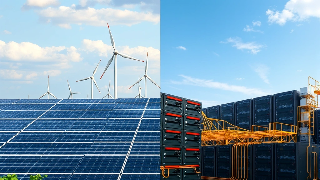 Split-screen contrast: solar panels and wind turbines on one side representing renewable energy, data center facility on other side, illustrating tension between clean energy goals and computational infrastructure growth