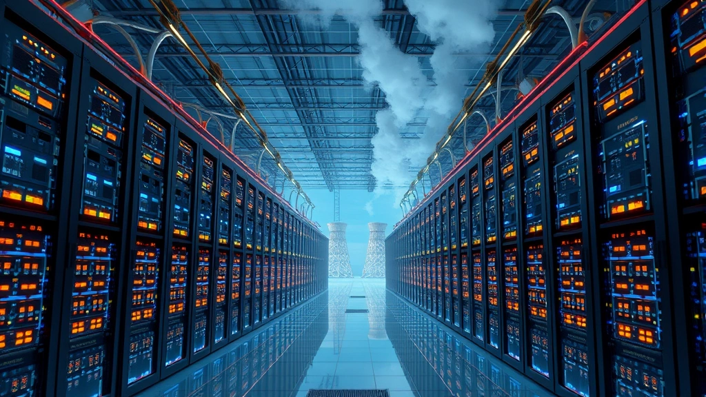 Massive data center with rows of glowing servers and cooling systems, steam rising from industrial cooling towers, representing the infrastructure powering AI systems and their energy consumption