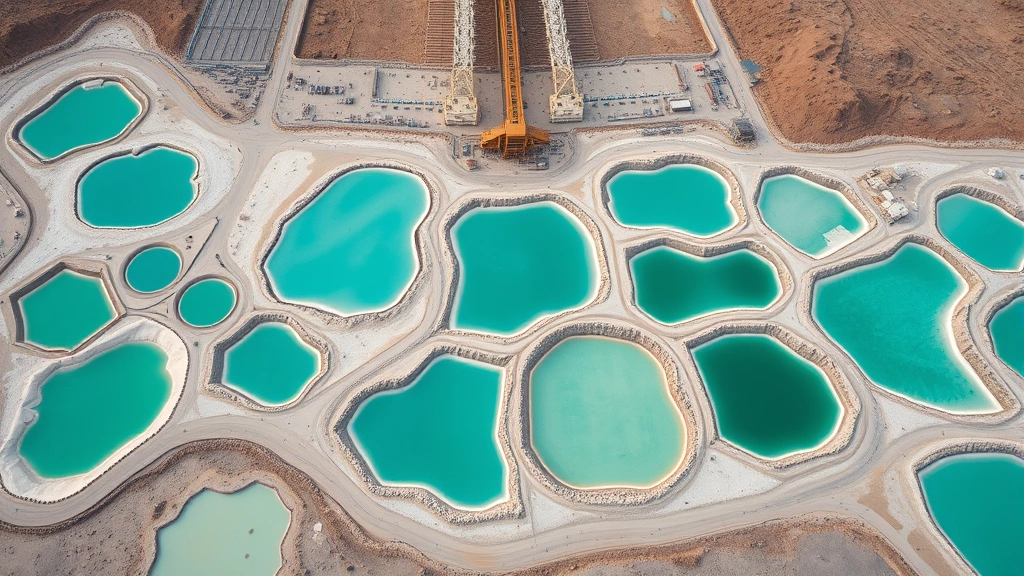 Aerial view of a lithium mining operation in salt flats with toxic turquoise waste ponds, barren landscape, showing the ecological devastation of rare earth mineral extraction for electronics