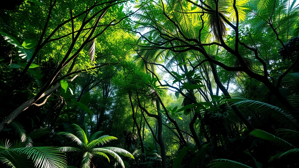 Dense tropical rainforest canopy with multiple vegetation layers, sunlight filtering through leaves creating complex shadow patterns, showing intricate ecosystem structure and biodiversity habitat complexity