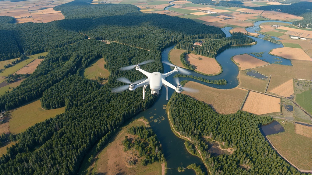 Aerial drone perspective of mixed landscape mosaic including forested areas, river systems, agricultural patches, and natural wetlands showing ecological diversity and environmental monitoring scope