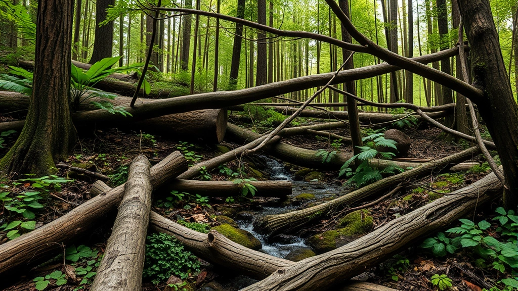 Close-up of forest understory with fallen logs, vegetation, water features, and complex three-dimensional structure typical of natural environments challenging for autonomous systems