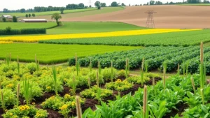 Sustainable agricultural landscape with regenerative farming practices, diverse crop varieties, healthy soil ecosystem, natural pollinator habitat, vibrant green fields, no text or charts