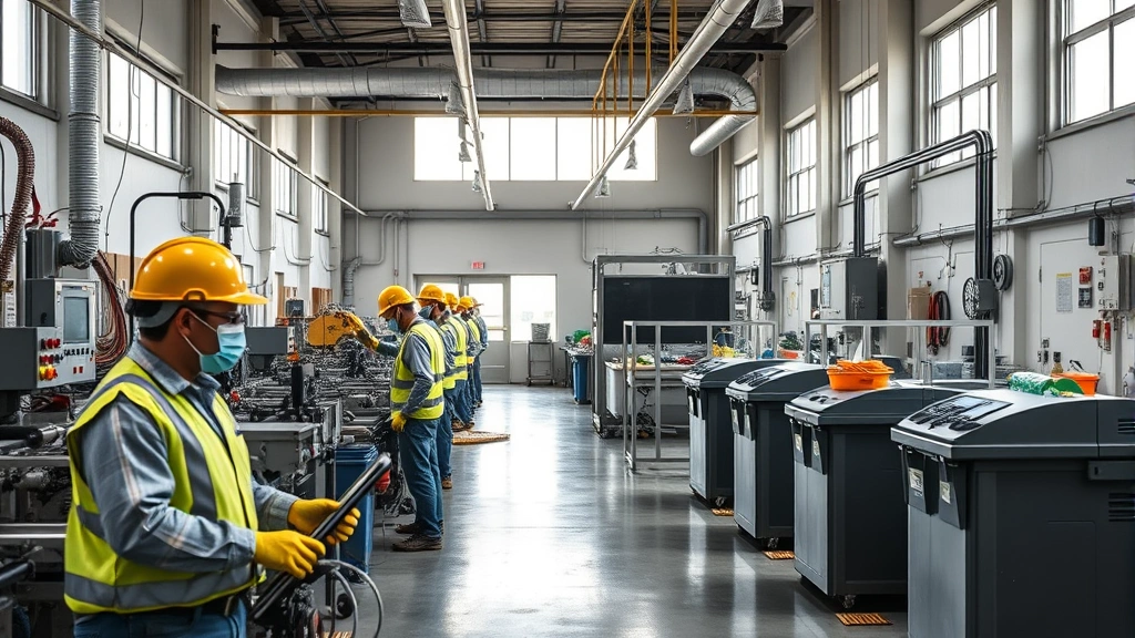 Workers in protective equipment operating manufacturing equipment with visible air filtration systems, natural light from windows, and clean organized workspace with recycling stations
