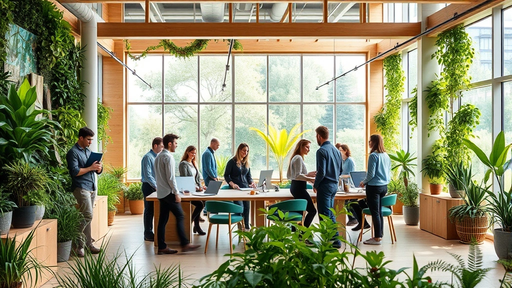 Diverse team of professionals collaborating in bright open office space with living plant walls, wooden sustainable materials, and large windows overlooking restored natural landscape