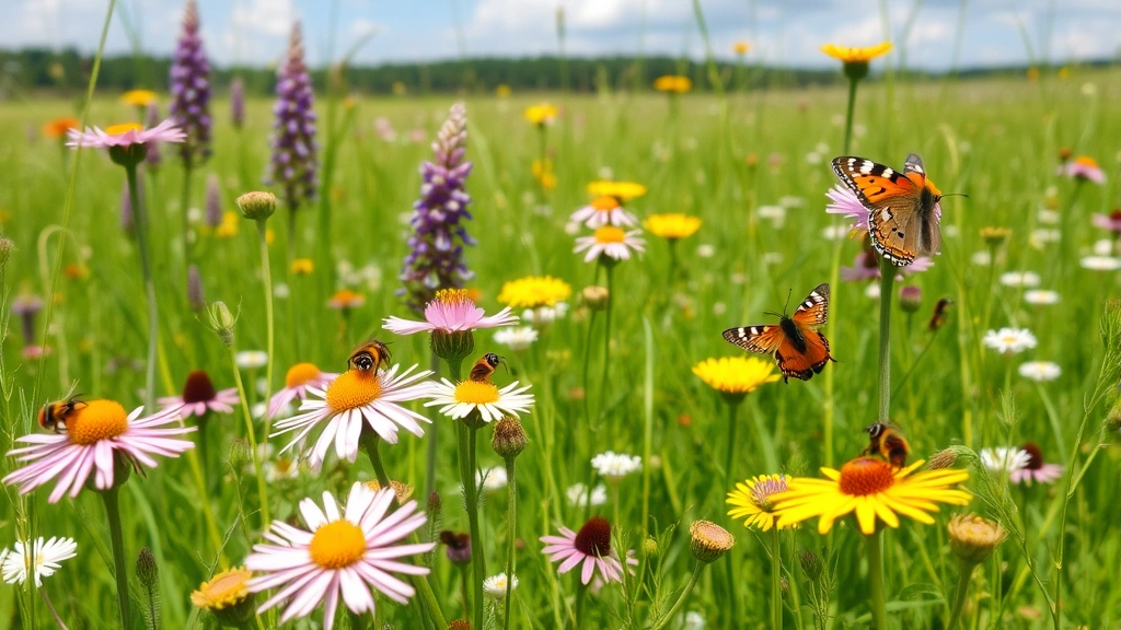 Diverse wildflower meadow with native bees and butterflies pollinating flowers, natural habitat landscape, illustrating pollination ecosystem services and biodiversity value