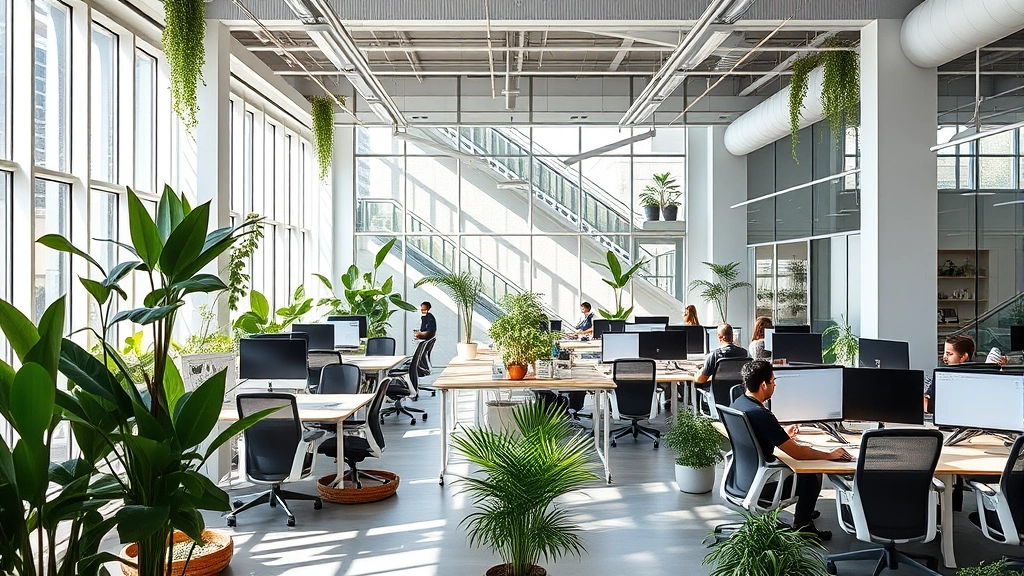Modern office space with abundant natural light, green plants, ergonomic workstations, and employees collaborating at clean desks with biophilic design elements visible throughout the bright, open workspace