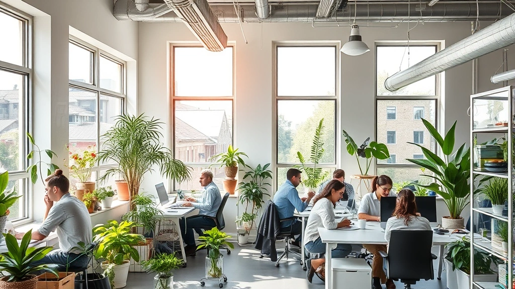 Sustainability-focused office environment featuring solar panels on windows, recycled materials, air purification systems, water conservation fixtures, and employees working in naturally ventilated, comfortable indoor space