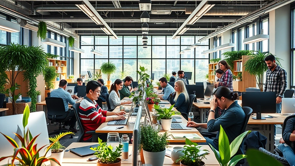 Healthy workplace with diverse employees working productively in well-lit areas, optimal thermal comfort zones, air quality monitors, ergonomic furniture, and nature-inspired design creating vibrant economic activity