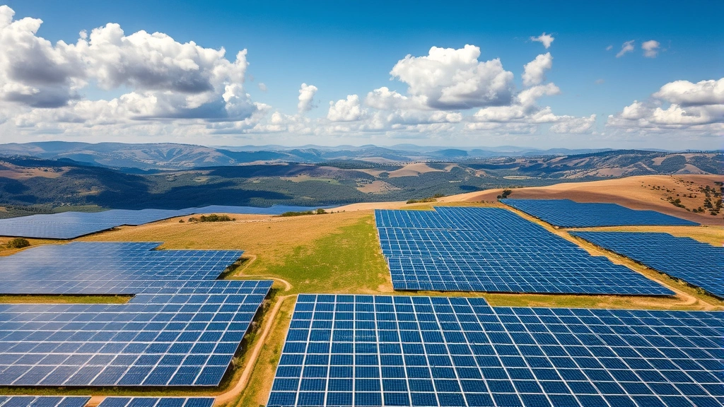 Aerial view of vast solar panel farm stretching across rolling hills with puffy white clouds overhead, demonstrating renewable energy infrastructure scale and landscape integration