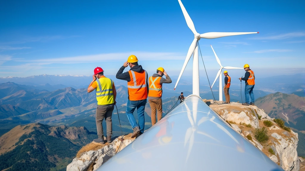 Close-up of diverse workers installing wind turbines on mountainous terrain, showing modern green economy employment and sustainable energy infrastructure development in natural settings