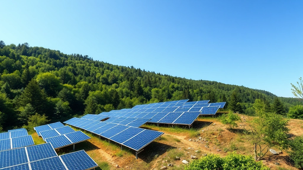 Photorealistic solar panels installed on hillside landscape with lush green forest and clear blue sky, natural lighting, no text or labels, environmental technology integration