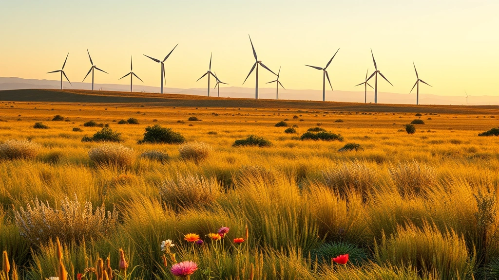 Renewable wind turbines in vast grassland with diverse wildflowers and native vegetation, golden hour lighting, clean energy infrastructure in natural ecosystem, no text