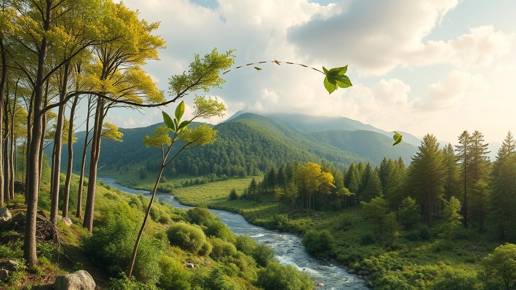 Circular economy visualization showing natural materials flowing through restoration landscape, forest recovery with biodiversity, ecosystem regeneration without charts or diagrams, photorealistic nature photography