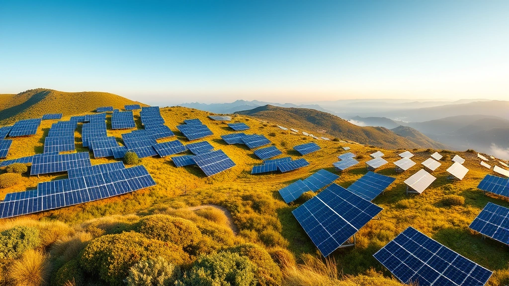 Photorealistic solar panel array sprawling across hillside landscape with vibrant green vegetation, golden sunlight, clear blue sky, no text or labels, natural environment integration