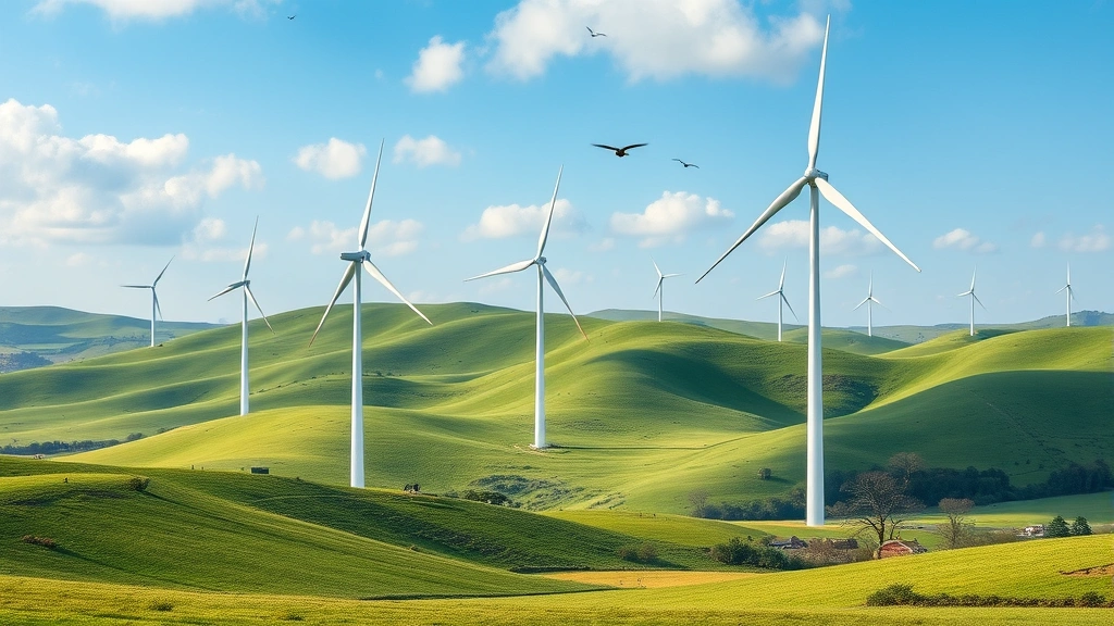 Photorealistic wind turbines in natural landscape with rolling green hills, blue sky, sustainable farming fields visible, birds flying, no text or data overlays