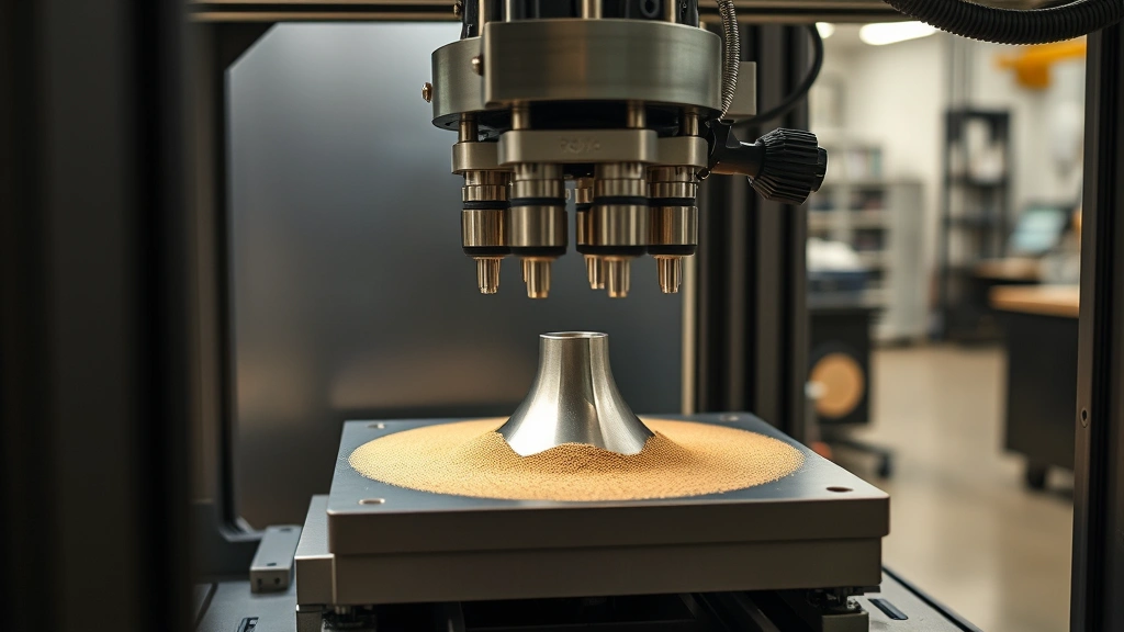 Industrial 3D printer with metal powder bed, multiple nozzles printing metallic component, factory floor lighting, precise layers visible, sustainable manufacturing environment