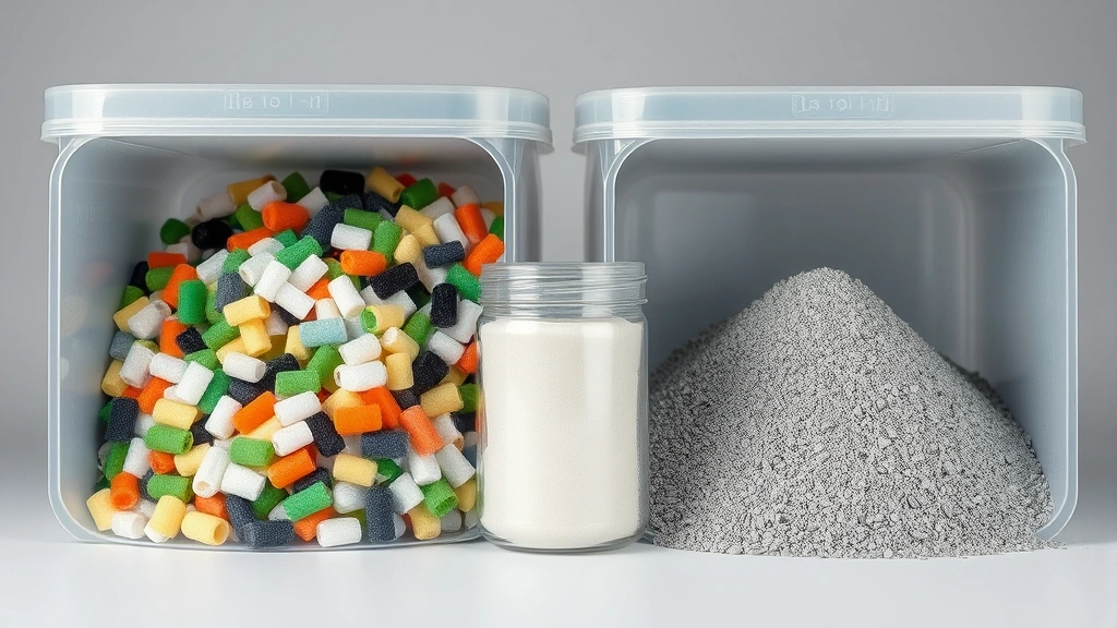 Recycled plastic pellets and metal powder in containers, renewable bio-based materials, circular manufacturing feedstock, sustainable industrial materials arranged professionally