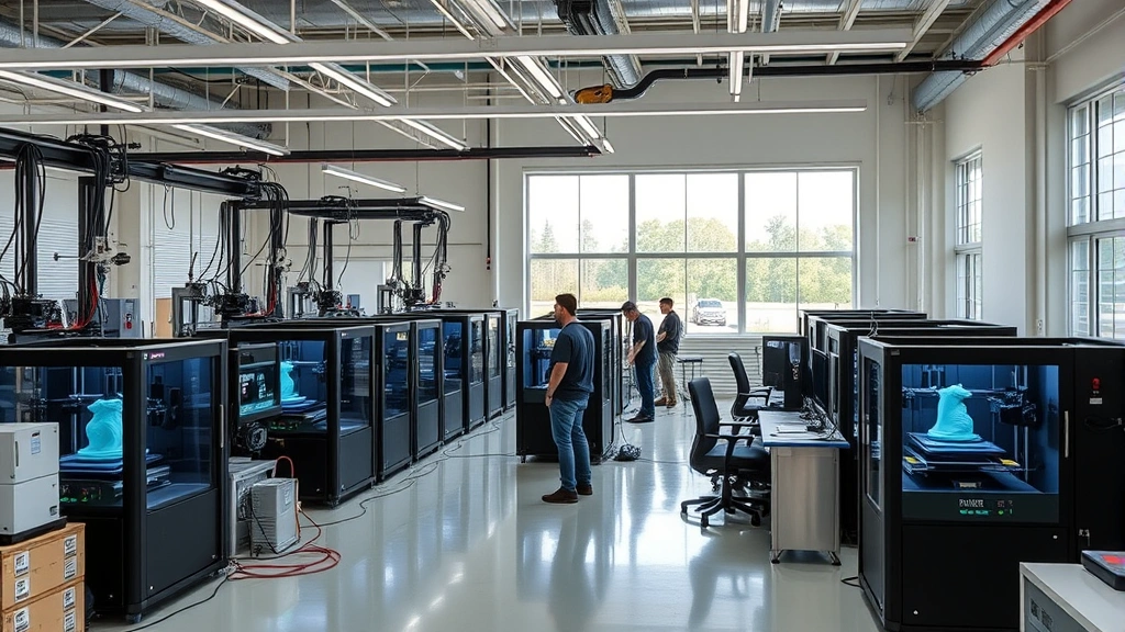 Distributed manufacturing facility with multiple 3D printers operating simultaneously, workers monitoring systems, clean modern industrial space, renewable energy panels visible through windows, local production network