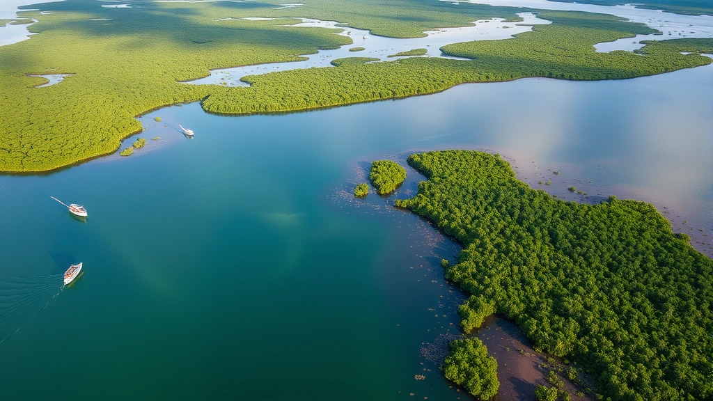 Aerial view of healthy river delta with mangrove forests meeting ocean, vibrant green vegetation reflecting in clear water, fishing boats in distance, natural landscape untouched