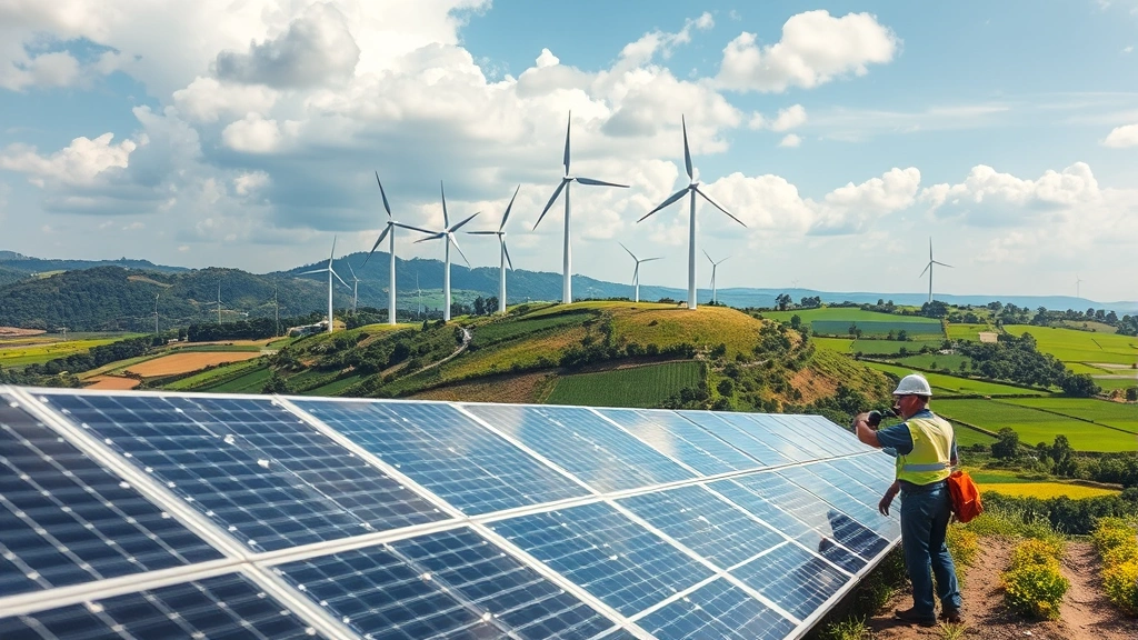 Modern renewable energy wind turbines on hillside overlooking green agricultural fields, technicians maintaining solar panels in foreground, sustainable development integration visible