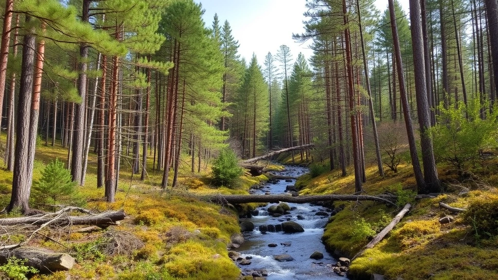 Restored forest ecosystem with diverse native trees, understory vegetation thriving, wildlife habitat established, clear stream flowing through landscape, ecological recovery evident