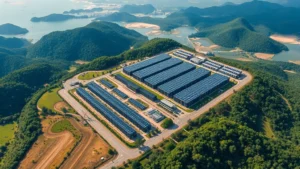 Aerial view of dense data center facility surrounded by renewable energy infrastructure and natural landscape, showing technological footprint on environment