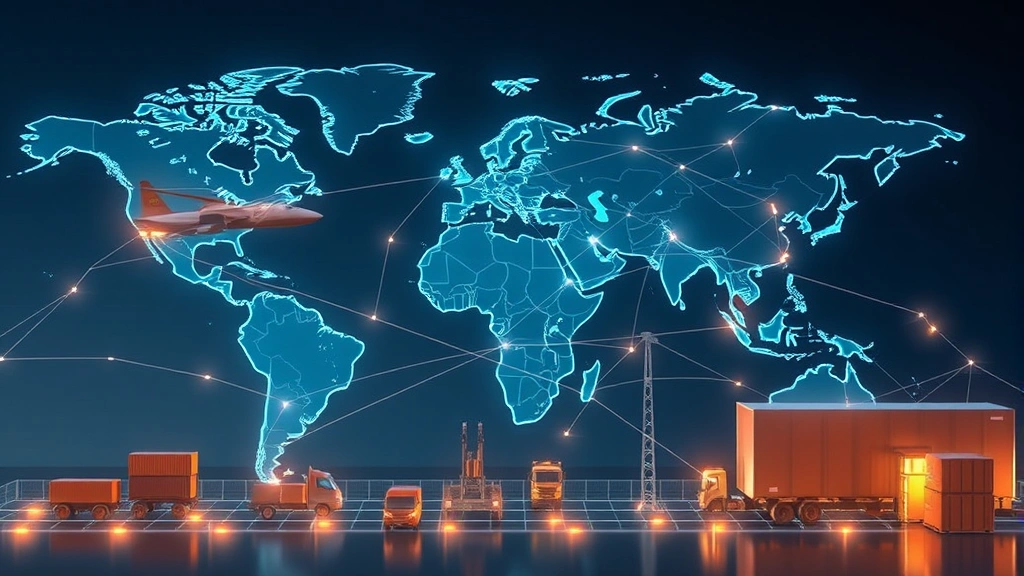 Global supply chain network visualization with goods moving across continents, warehouses and transportation hubs, depicting material flow acceleration