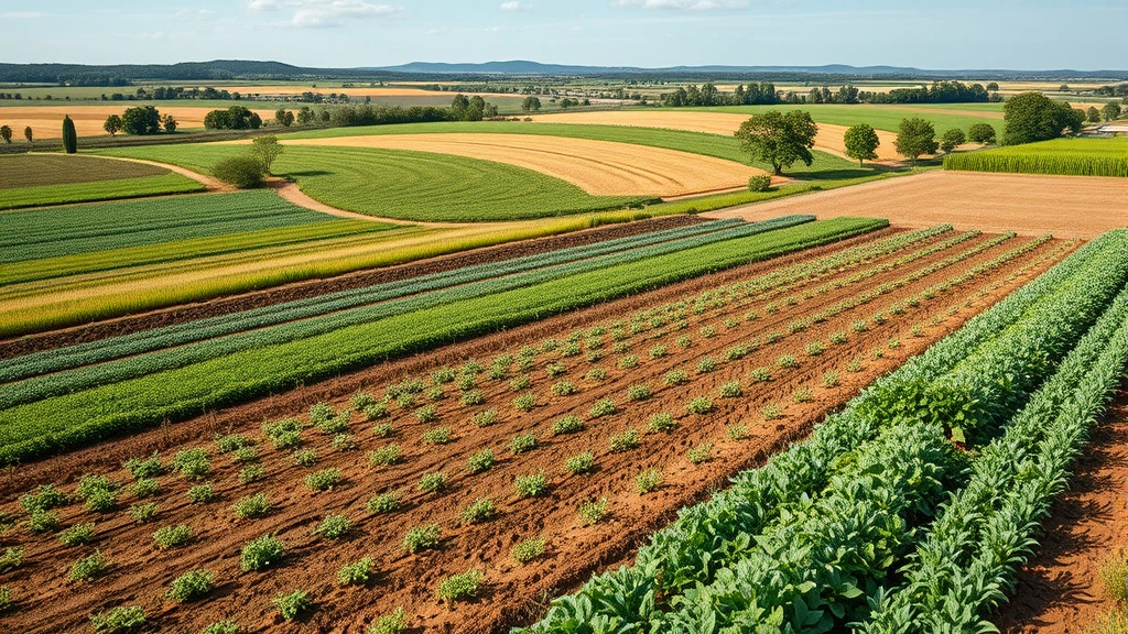 Regenerative agricultural landscape showing diverse crop rotation, healthy soil, and integrated ecosystems alongside modern sustainable business operations