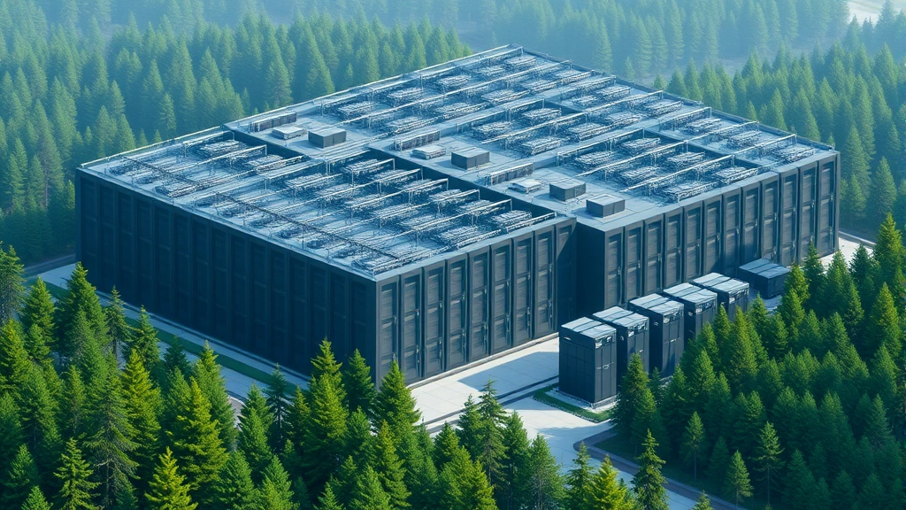 Sprawling data center facility with server racks and cooling systems, surrounded by forest landscape, photorealistic, showing contrast between industrial infrastructure and natural environment