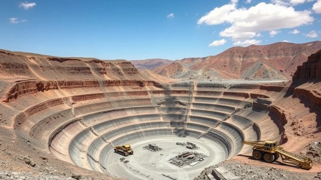 Open-pit rare earth mineral mining operation with exposed geological layers and machinery, barren landscape, clear sky, environmental degradation visible, photorealistic documentary style