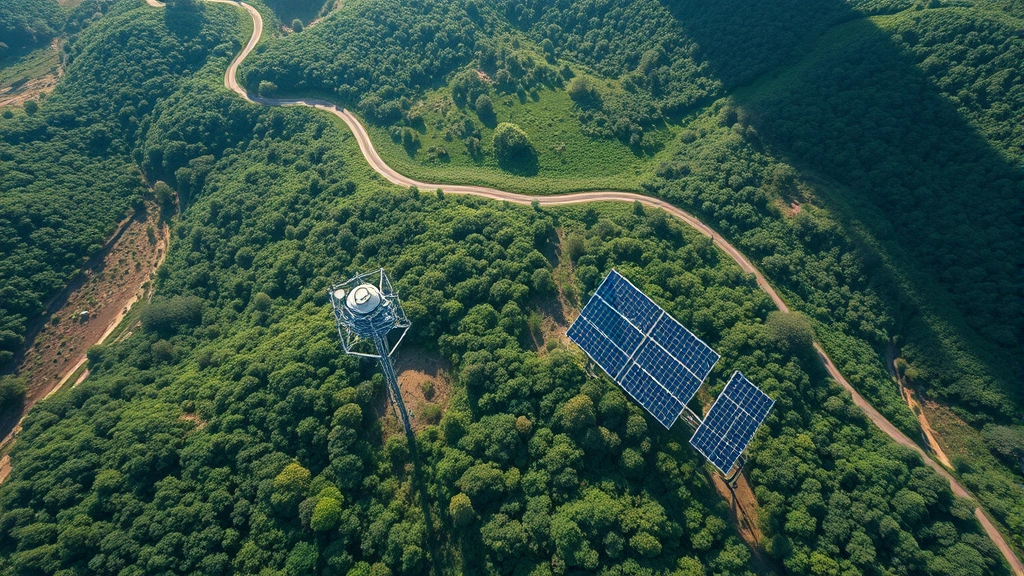Satellite view of conservation area with AI-powered wildlife monitoring equipment and solar panels, lush ecosystem recovery visible, integration of technology and nature, photorealistic aerial perspective
