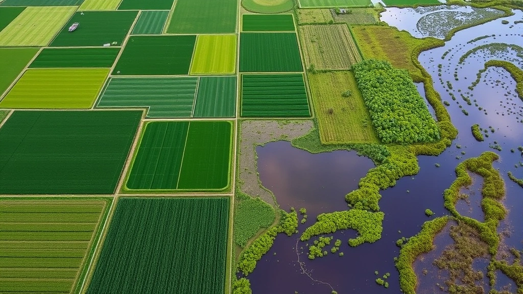 Aerial view of sustainable agricultural landscape with diverse crop rotation patterns, green fields, and restored wetland areas reflecting in water, demonstrating regenerative farming practices with natural ecosystem integration