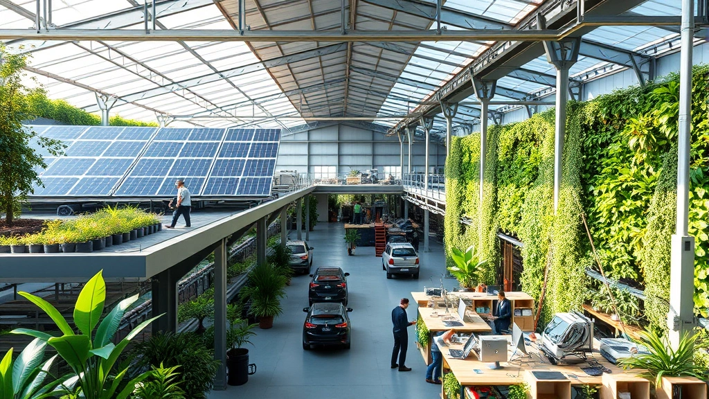 Modern eco-conscious manufacturing facility with solar panels on roof, green living walls, renewable energy infrastructure, and workers in sustainable workspace surrounded by native plants and natural light