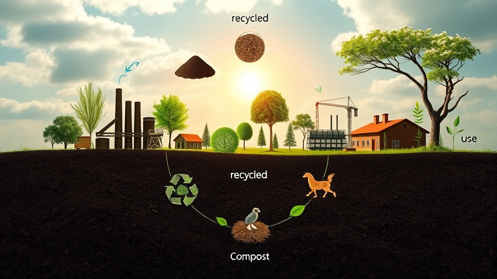Circular economy visualization showing product lifecycle from raw materials through manufacturing, use, recycling, and return to soil as compost, with natural ecosystems thriving alongside production facilities