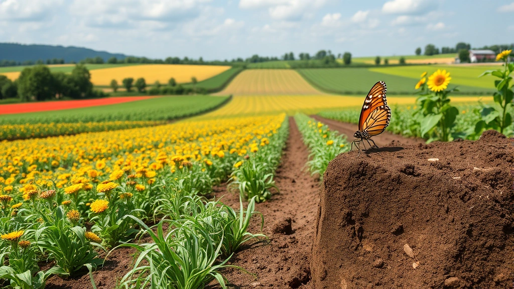 Photorealistic image of modern sustainable agricultural landscape with diverse crop fields, pollinating butterflies, and healthy soil, representing biodiversity's economic infrastructure role