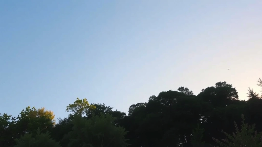 Photorealistic photograph of clear blue sky over green forest canopy during golden hour, with visible wildlife and thriving vegetation, symbolizing air quality and natural capital value
