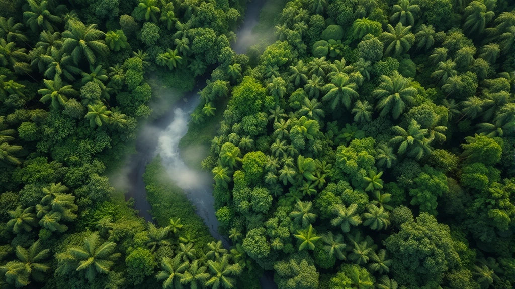 Aerial view of intact tropical rainforest canopy with river winding through dense green vegetation, morning mist between trees, photorealistic, showing biodiversity and water systems