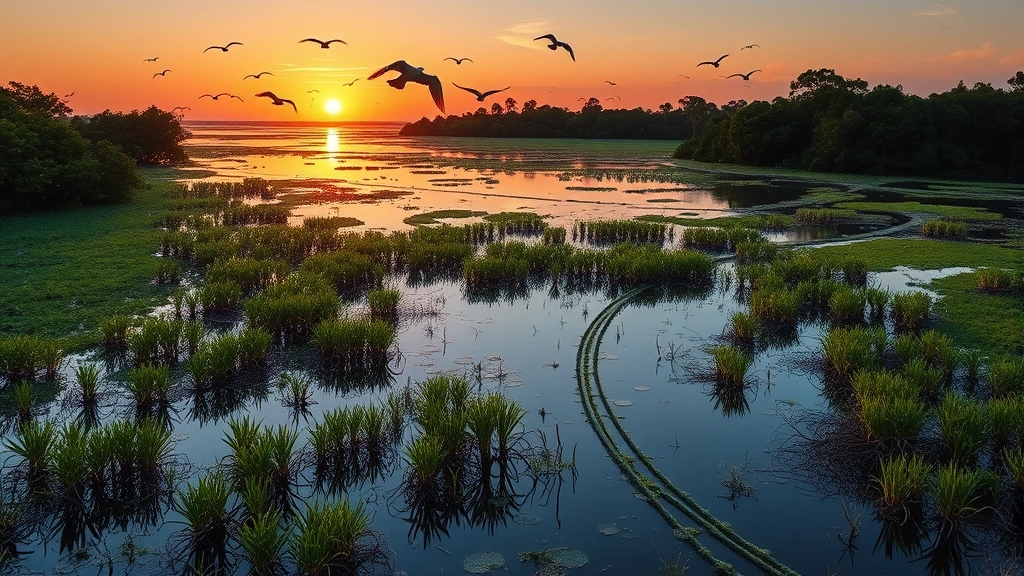 Coastal wetland ecosystem at sunset with water, mangrove trees, and birds flying, showing interconnected water systems and natural habitat, photorealistic landscape photography