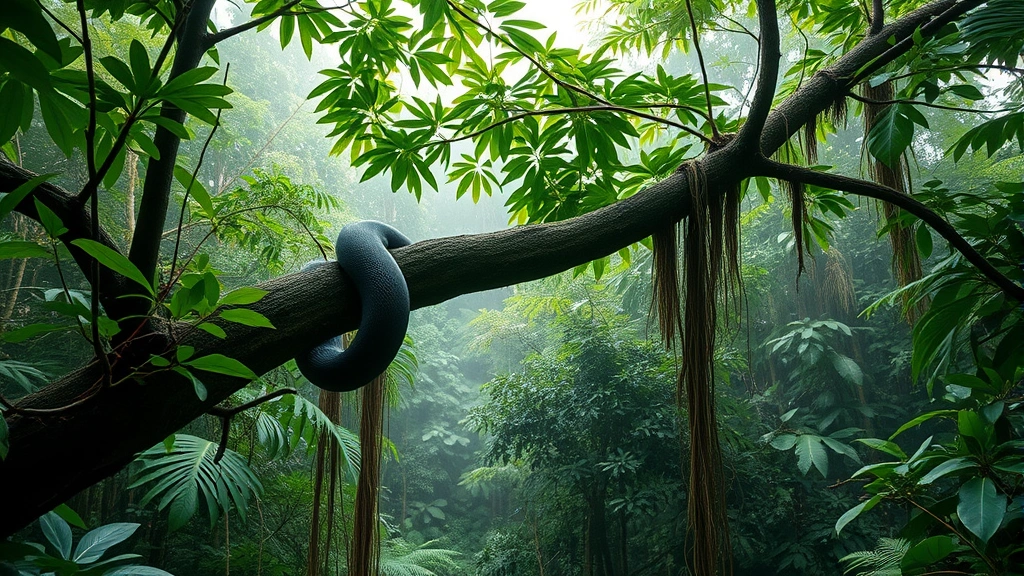 Lush Amazon rainforest canopy with anaconda coiled on branch, dense green vegetation, misty atmosphere, morning light filtering through leaves, untouched wilderness, photorealistic