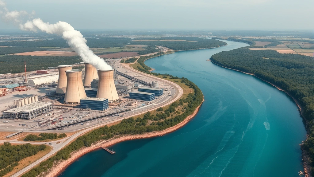 Industrial factory with cooling towers and smokestacks next to pristine blue river, stark contrast between industrial infrastructure and natural water, environmental damage visible, realistic industrial landscape