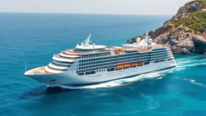 Large modern cruise ship with multiple decks sailing through turquoise Mediterranean waters near rocky coastline, showing scale and environmental footprint, photorealistic daytime scene